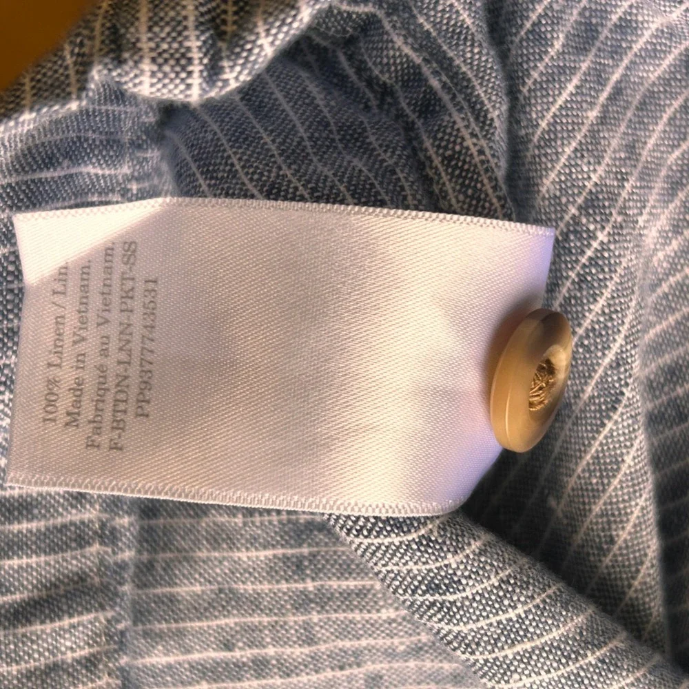 Everlane Linen Shirt L Blue Pinstripe Short Sleeve Button Down Pocket - Picture 4 of 5